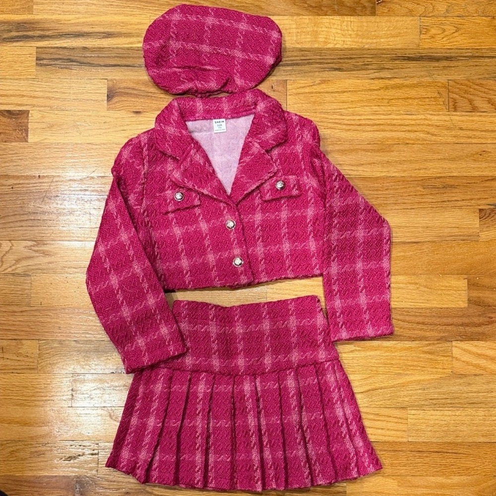 Pink Plaid Skirt Suit with Beret